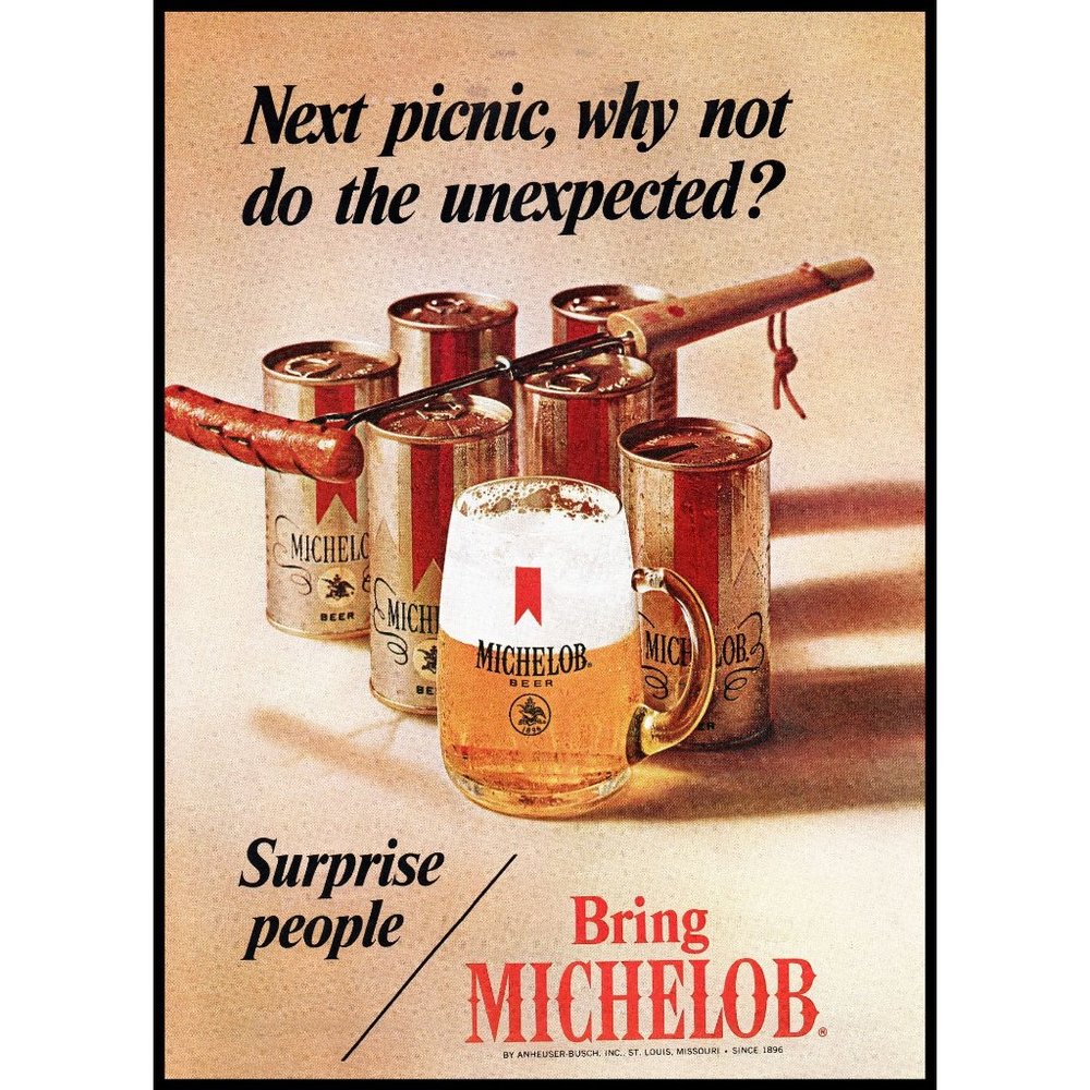 1970 Michelob Beer Vintage Print Ad 6 pack Cans Hot Dog Cook Out Wall Art Photo